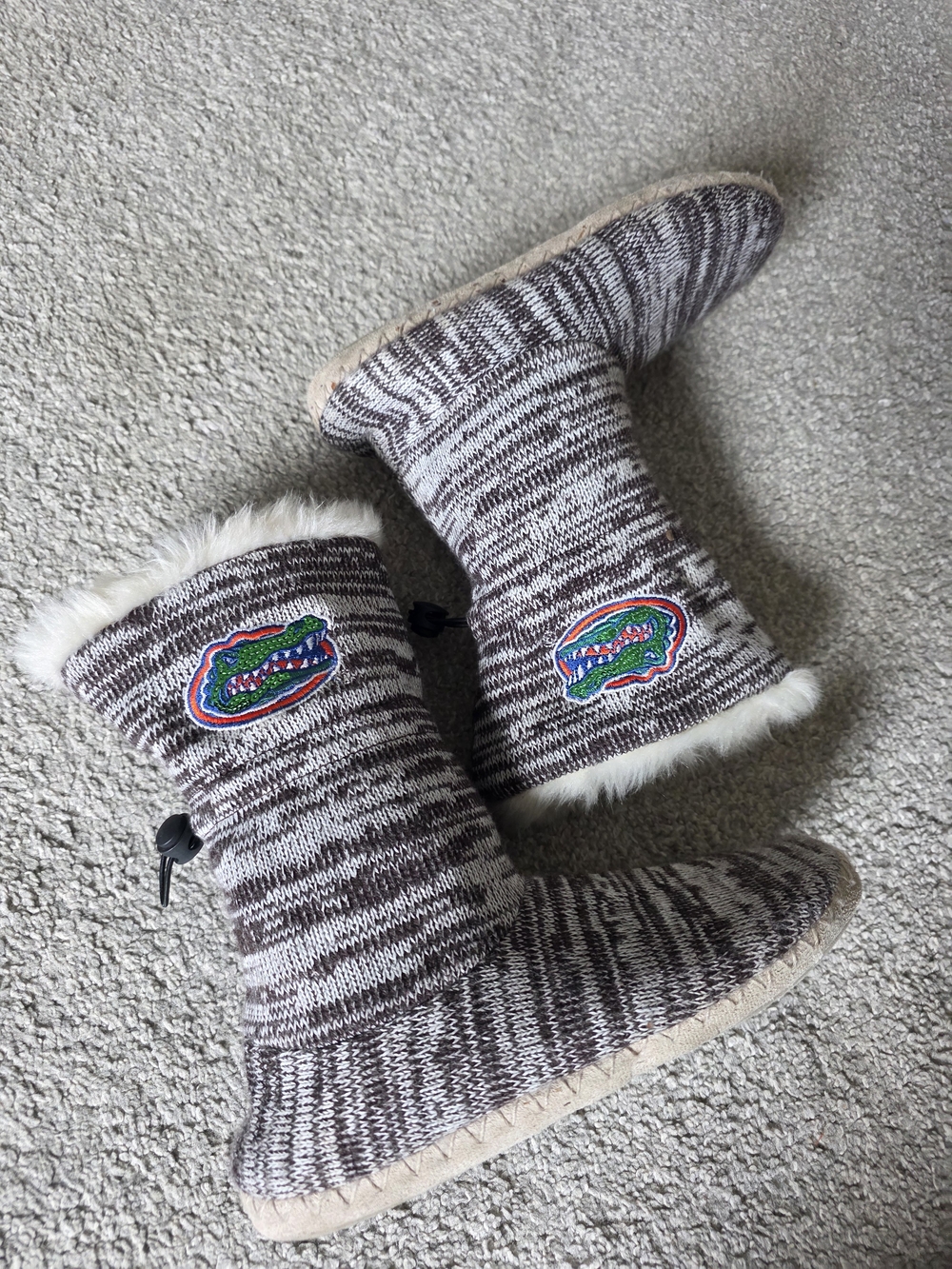 Womens Brown Knit Faux-Fur Boot Slippers with Team Patch
